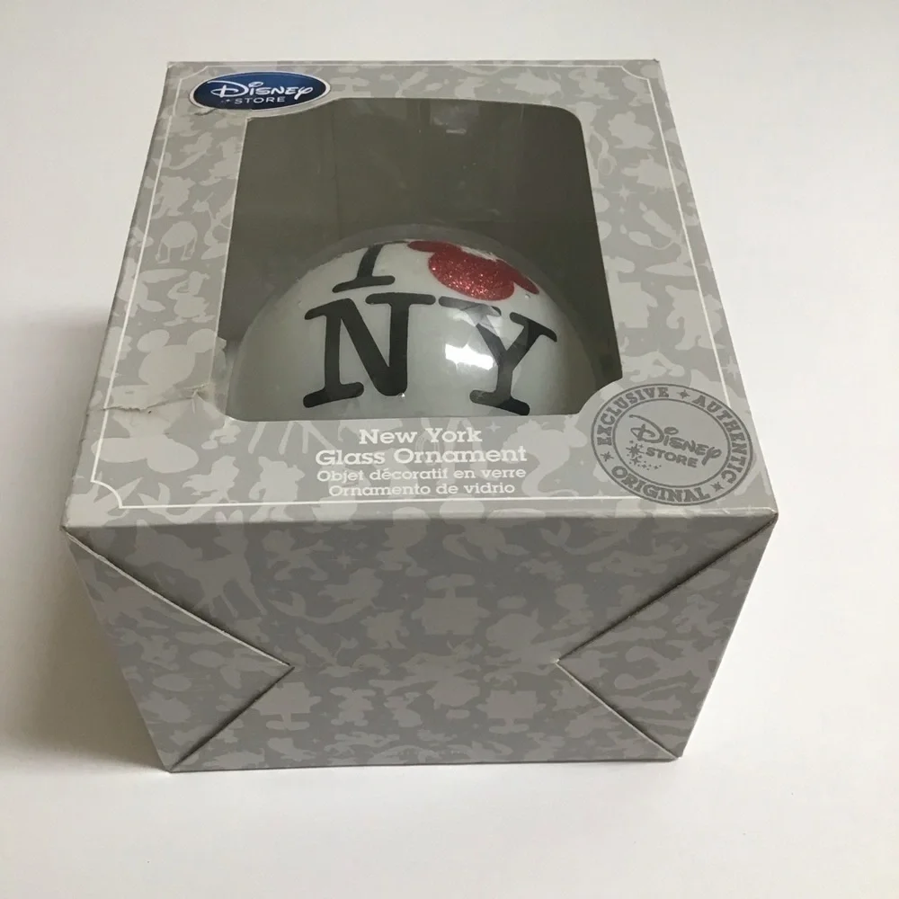 Disney I LOVE NEW YORK Glass Christmas Ornament Red Mickey Ears Authentic NEW